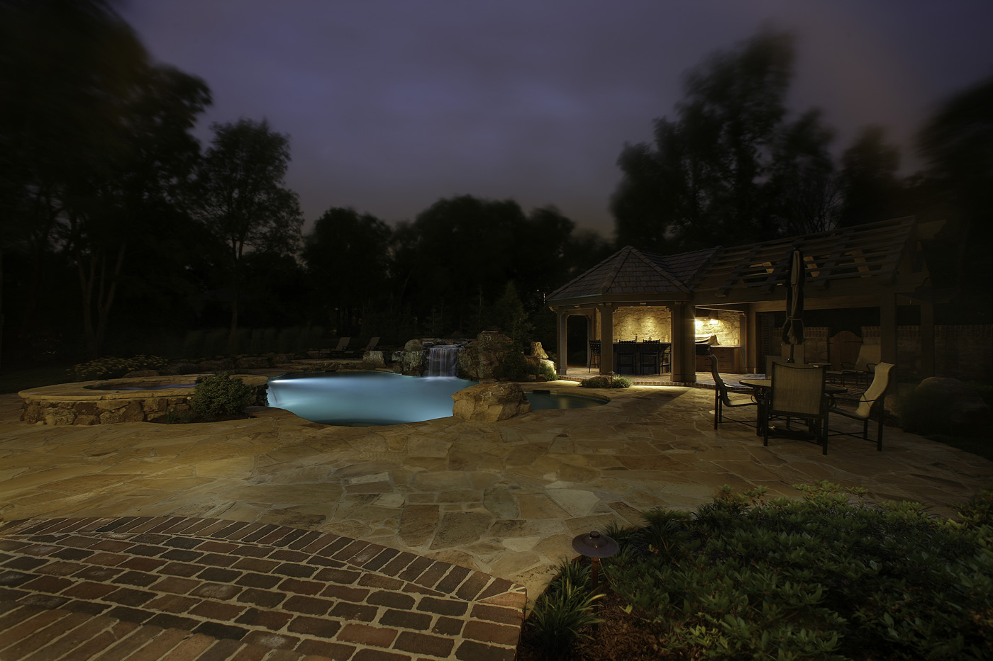 Pool deck and patio with specialty lighting